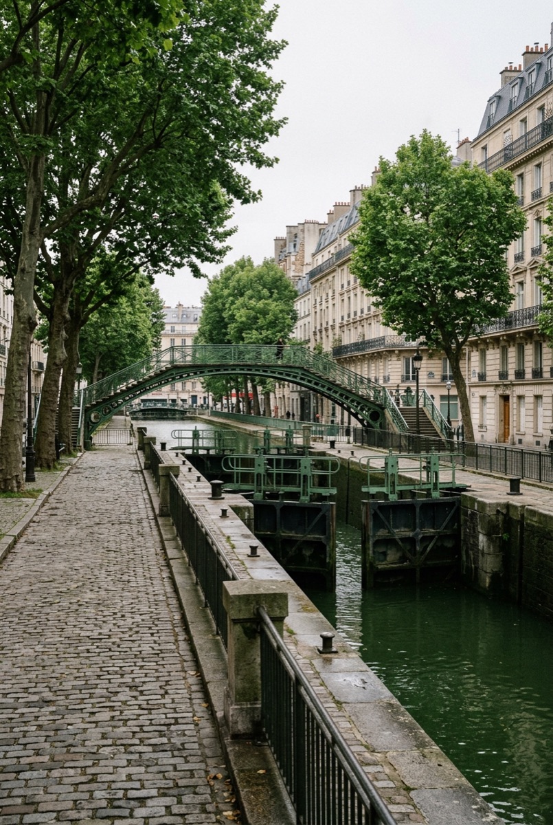 Décor du canal Saint-Martin et de ses écluses, généré par IA
