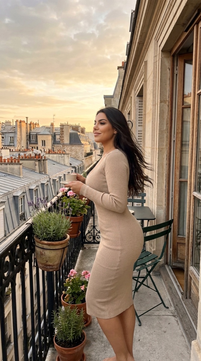 Le personnage fictif sur le même balcon, image générée par IA