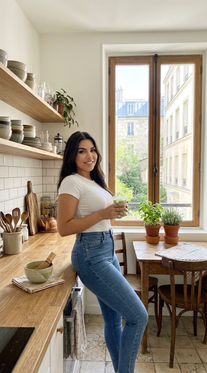 Le personnage fictif dans la même cuisine, image générée par IA