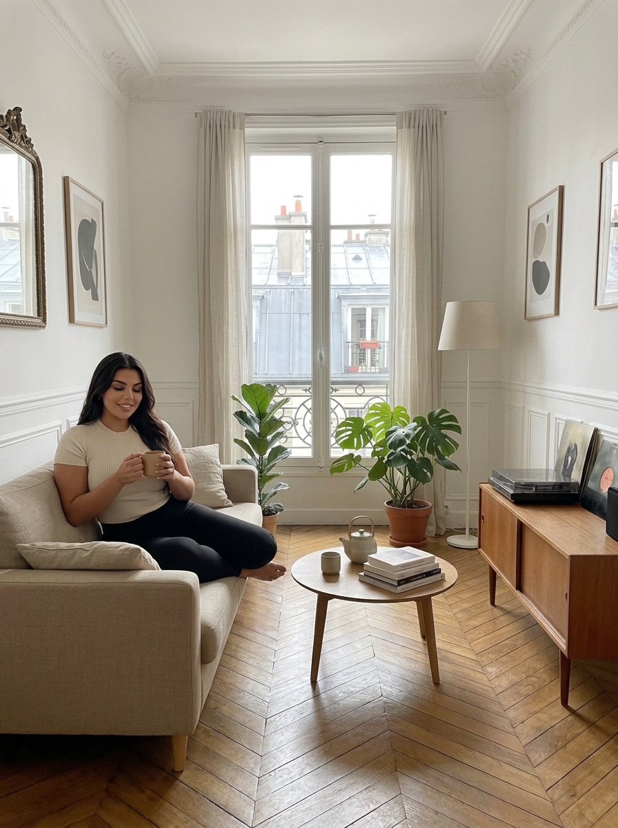 Le personnage fictif dans le même salon, image générée par IA